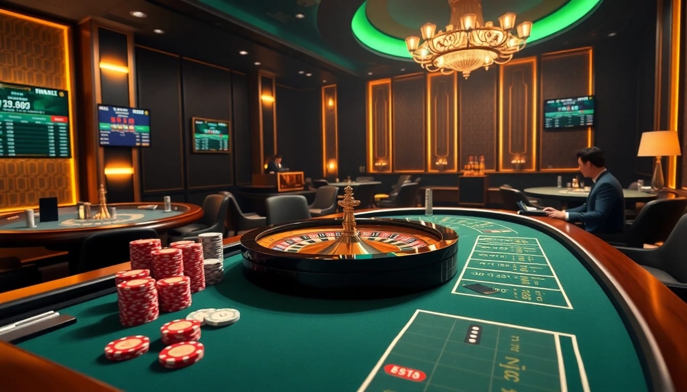Nha cai Nohu90 featuring an exciting casino scene with professional dealers and vibrant gambling elements.