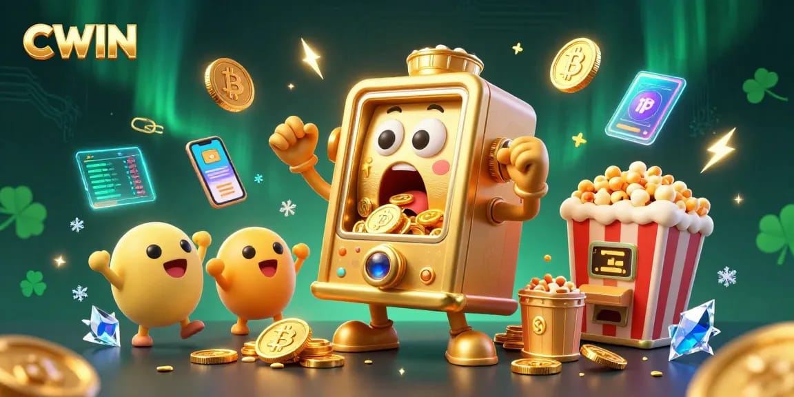 CWIN invites players to enjoy an exciting jackpot experience with vibrant slot machines and coins pouring in.