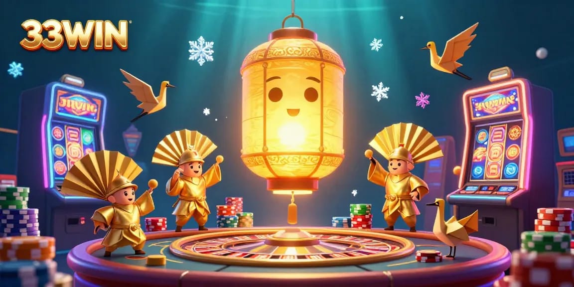 Experience the excitement of 33WIN with a vibrant casino scene featuring golden lanterns and dynamic game elements.