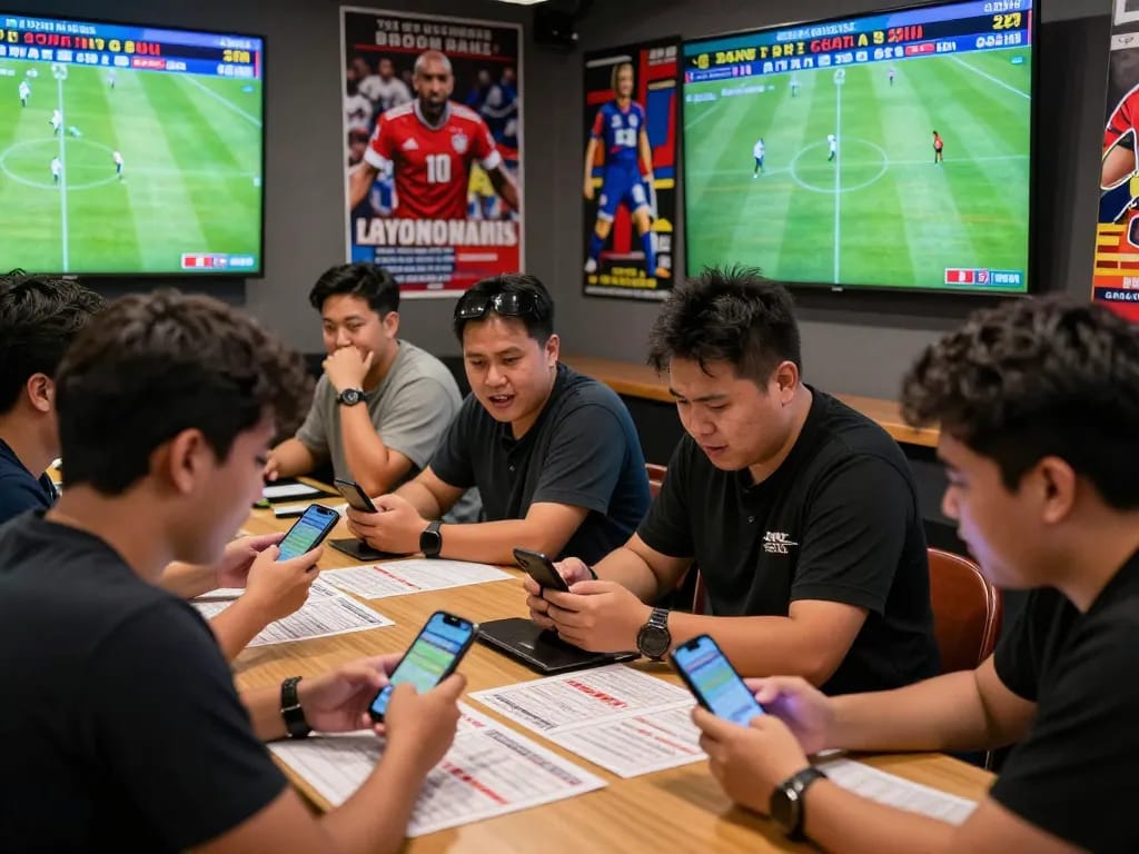 Engaged sports fans calculating kèo nhà cái odds in lively betting shop.