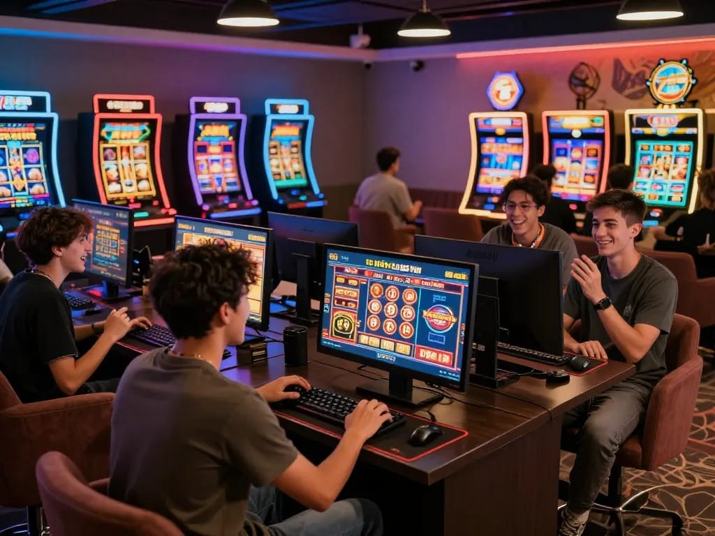 Exciting gaming scene featuring players at the 789 club with vibrant LED lights and digital displays.