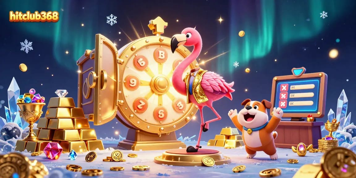 Experience excitement with hitclub368's lively 3D casino art featuring a flamingo host and prize wheel.
