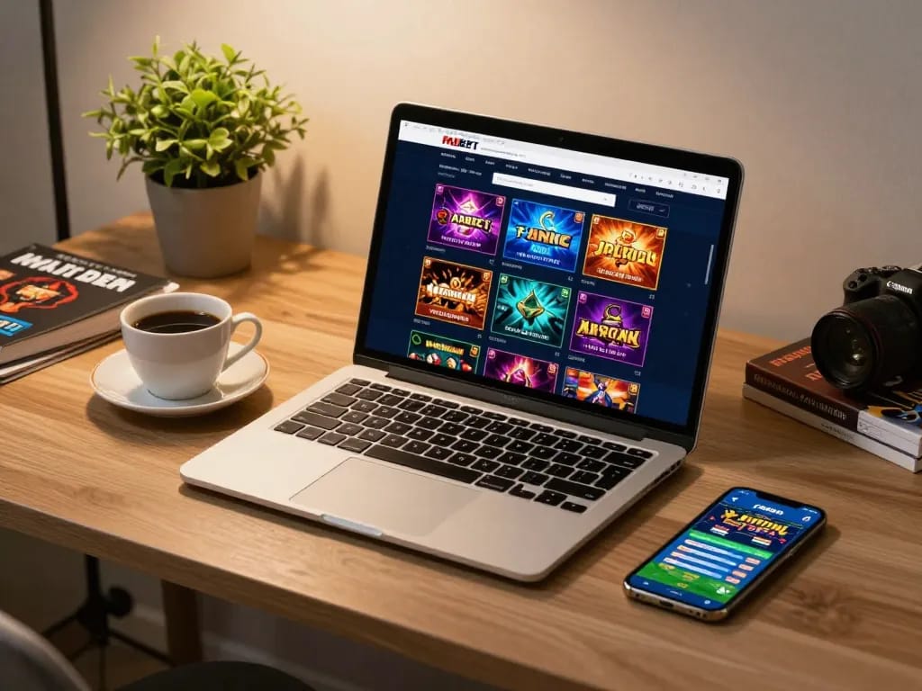 Engaging scene of FABET online casino interface on laptop with sports betting app alongside, showcasing responsible gaming.