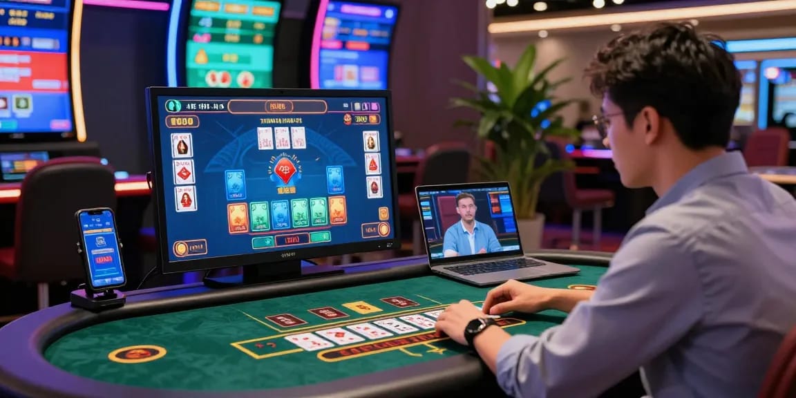 Exciting online baccarat game experience with a player engaged at a virtual table, showcasing modern digital casino features.