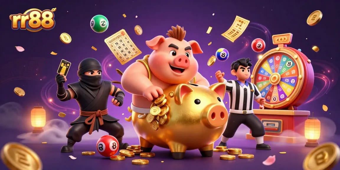 Experience rr88's exciting gaming with vibrant lottery balls, golden tickets, and animated characters.