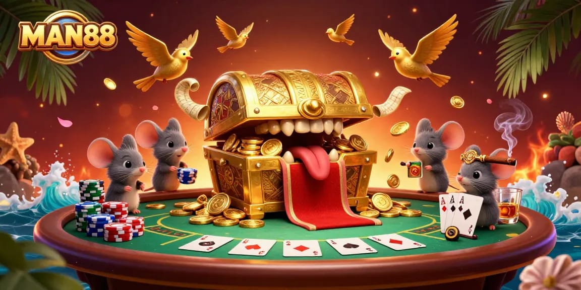 Experience the excitement at MAN88 with a vibrant casino scene filled with adventure and riches.