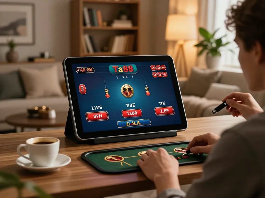 Enjoying a live dealer game on Ta88 tablet in a cozy environment