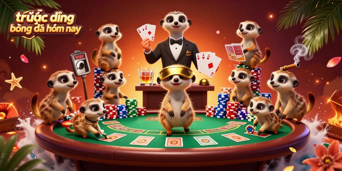 Engage with trực tiếp bóng đá hôm nay as meerkats run a vibrant casino, showcasing poker elements in a cartoonish scene.