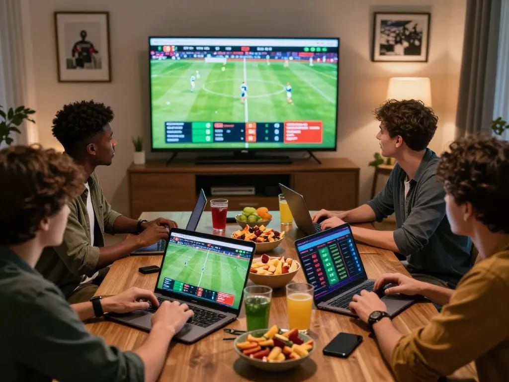 Friends enjoying 1gom sports betting experience with live matches in a cozy setting.