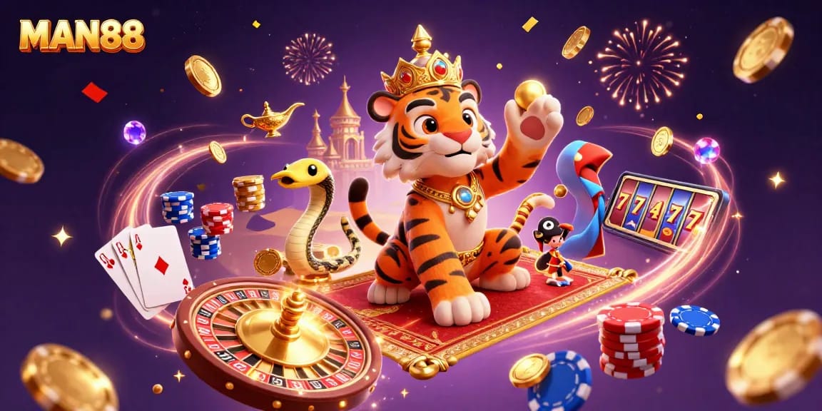 Experience the thrill of MAN88 with a vibrant scene featuring a tiger sultan and casino elements.