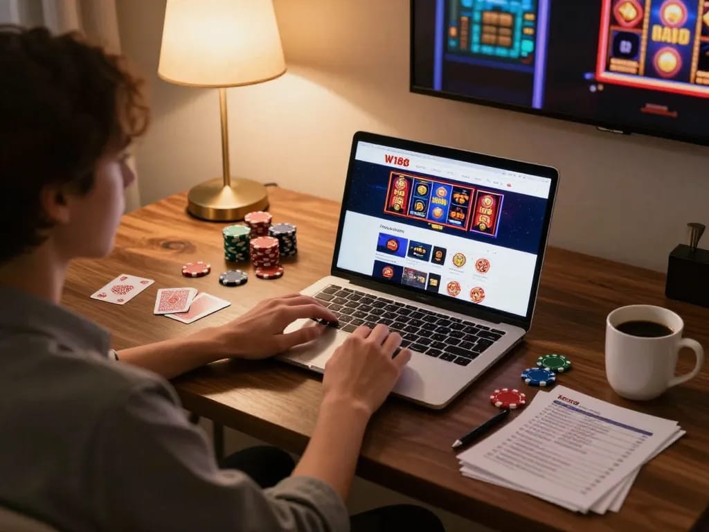 Engage with link W188 at home using a laptop for online casino gaming.