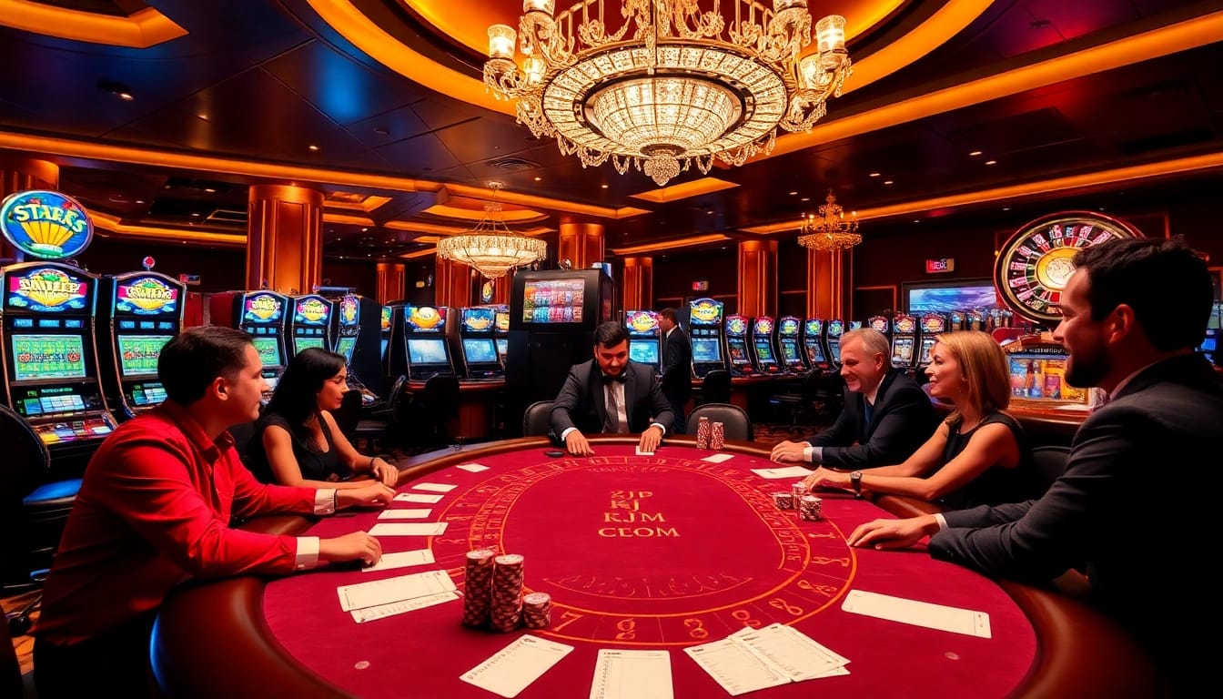 Players enjoying a thrilling poker game at KJC COM Casino amid luxurious settings.