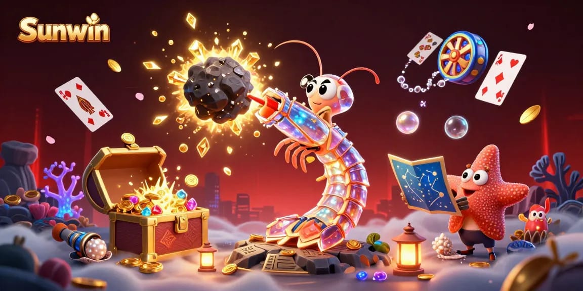 Experience thrilling gameplay with Sunwin in this dynamic gambling illustration featuring vibrant treasures.