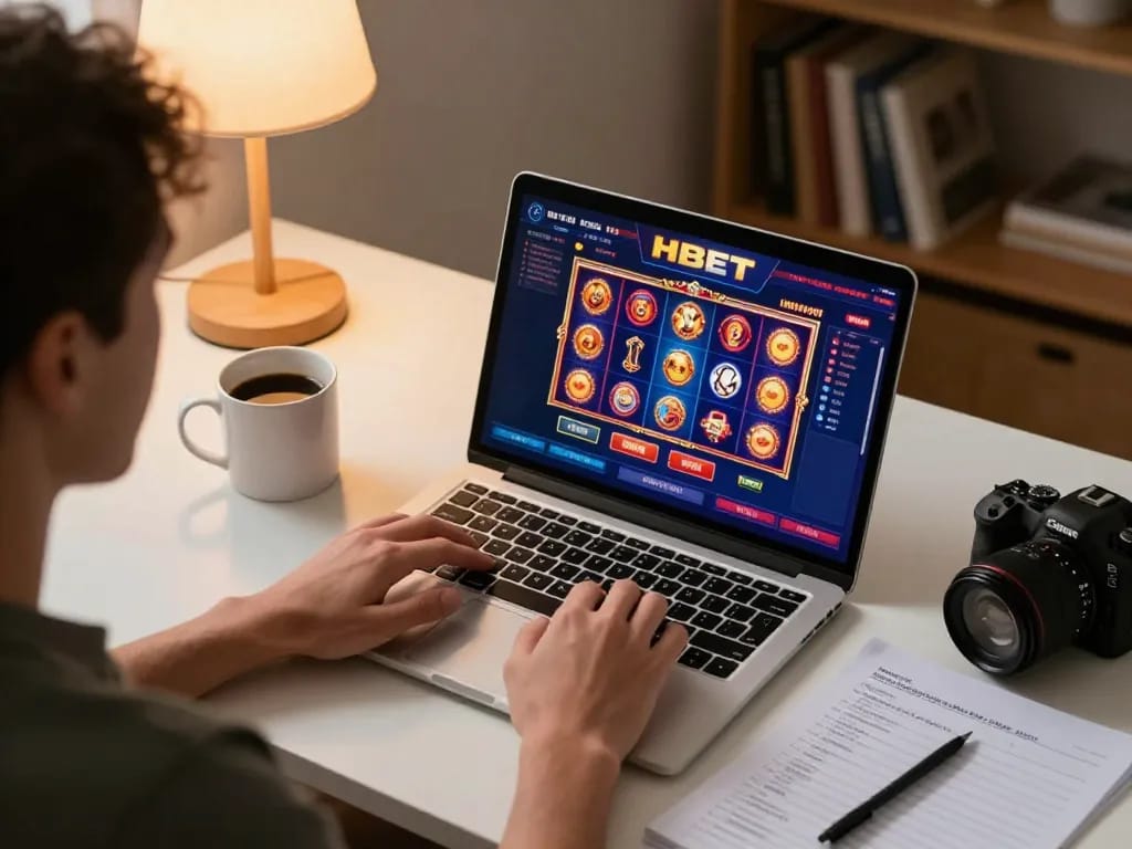 Engaging online HBET casino session on a laptop with vibrant slot games at home.