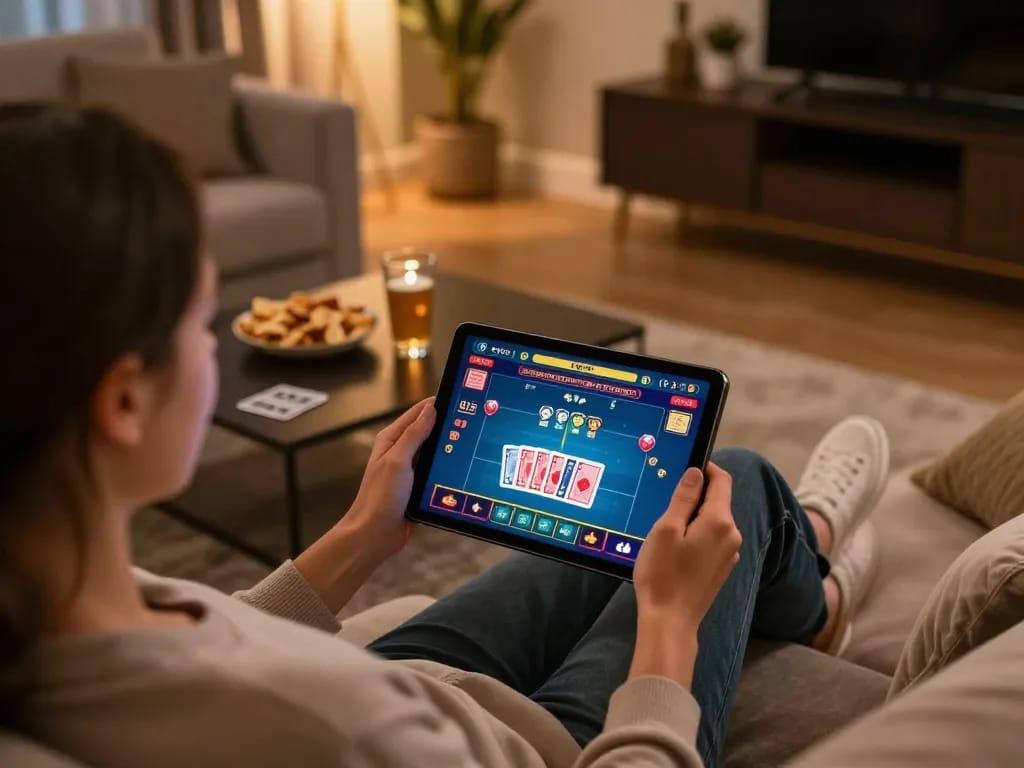 Sao789 gaming experience at home, player engaged with live dealer game on tablet, cozy atmosphere.