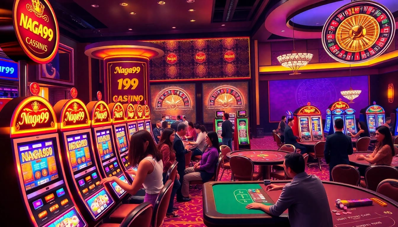Naga99 players engaging joyfully at vibrant slot machines in a luxurious casino setting.