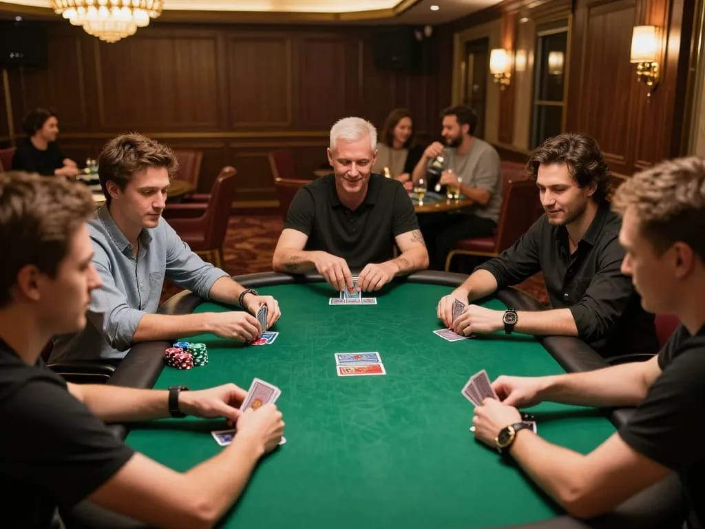 Players experiencing the thrill of poker at a debet game night, showcasing strategic gameplay and social atmosphere