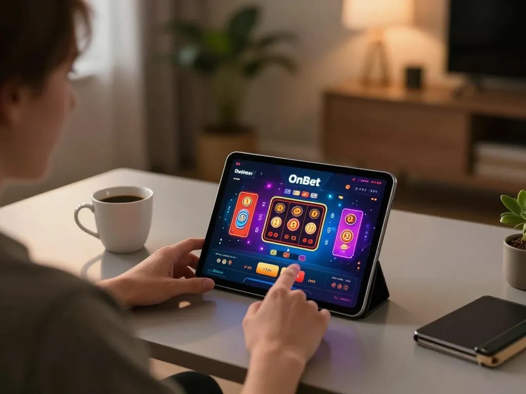 Engaging gaming experience on OnBet app with colorful interface and cozy setting