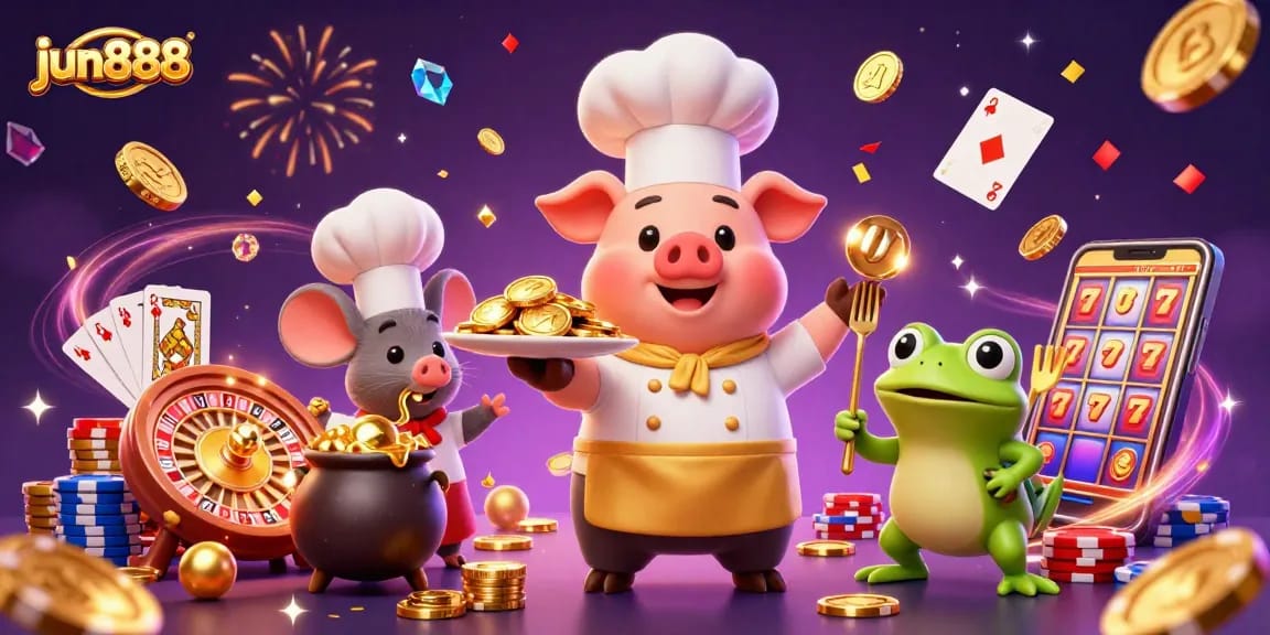 jun888 entertains with gold coins cascading through a vibrant casino scene featuring cartoon characters.