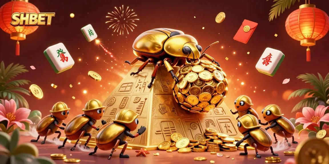 Spin and win with SHBET's golden beetle treasure hunt in this vibrant casino scene!