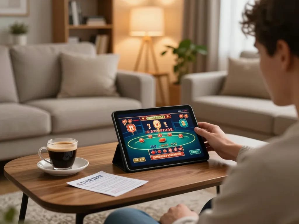 Player enjoying 8live online gaming experience on tablet, engaging with exciting casino content.