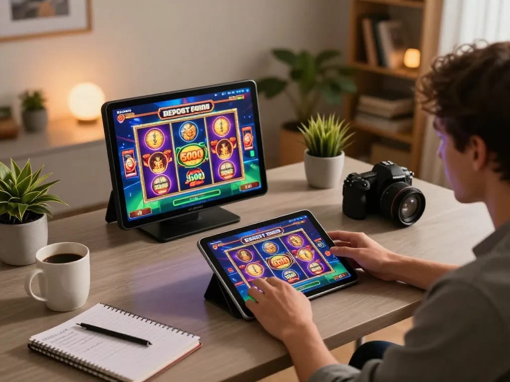 Engaging in slot deposit 5000 online gaming at a stylish home desk setup.