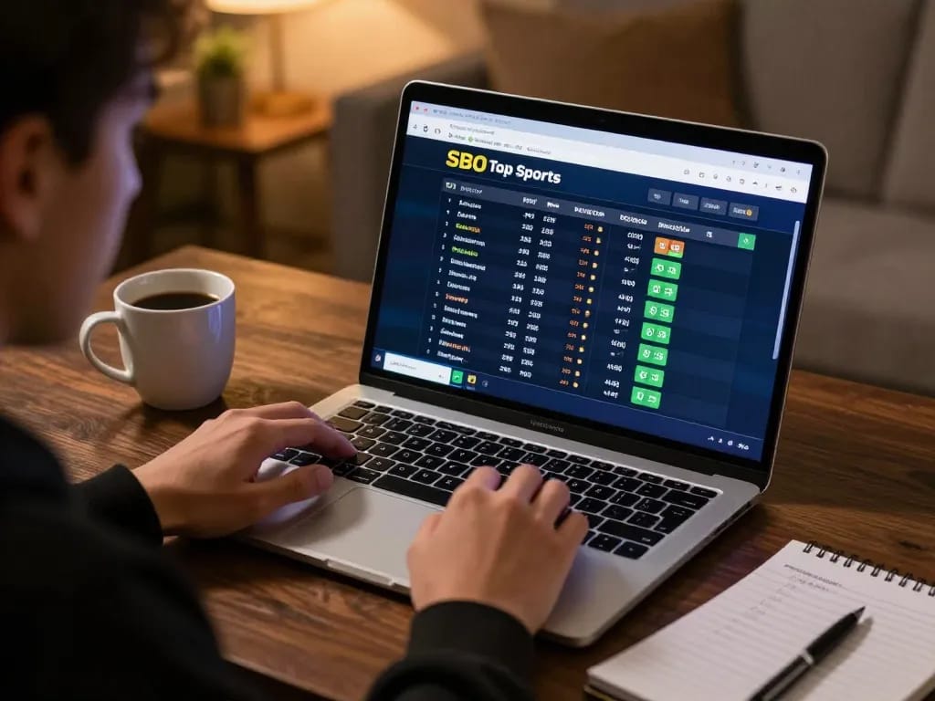 Sbo top sports betting interface displayed on laptop during strategic decision-making at home