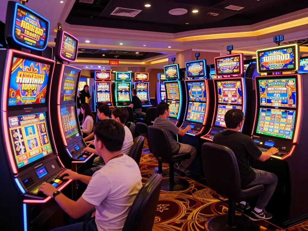 Players enjoying slot machines in a lively casino atmosphere, discovering slot depo 10000 opportunities.