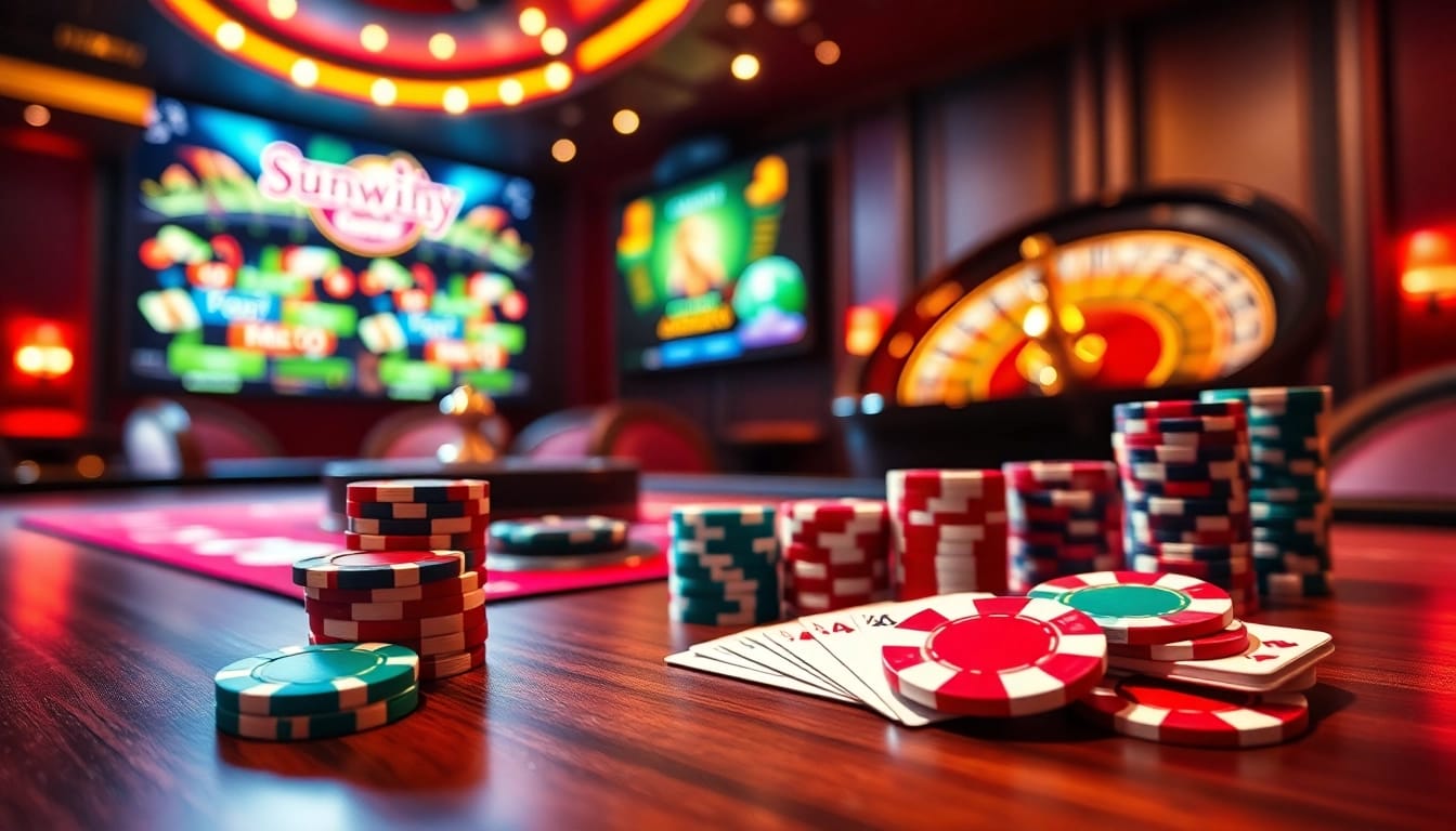 Experience the thrill of sunwin79 at an elegant poker table with vibrant graphics.