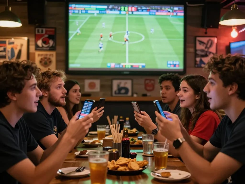 Xem tỷ số bongdalu in a lively sports bar, fans engaged in betting and watching football live.
