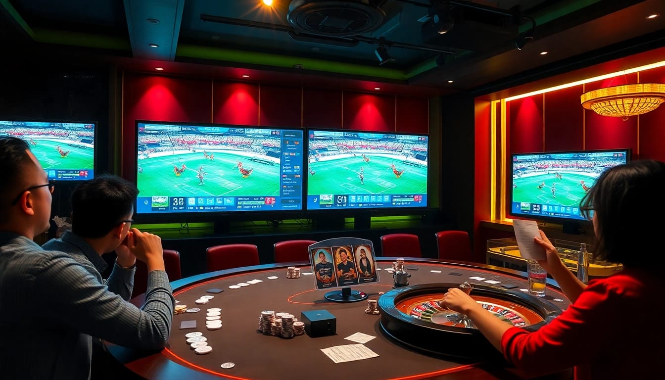 Excited spectators enjoy trực tiếp đá gà thomo with vibrant screens and betting elements in a luxurious casino setting.