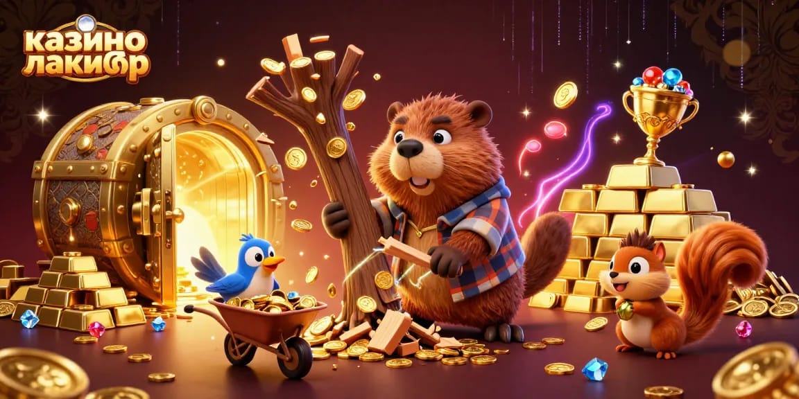 Experience the excitement at казино лакибир with charming characters amidst gold and treasure in a festive casino scene.