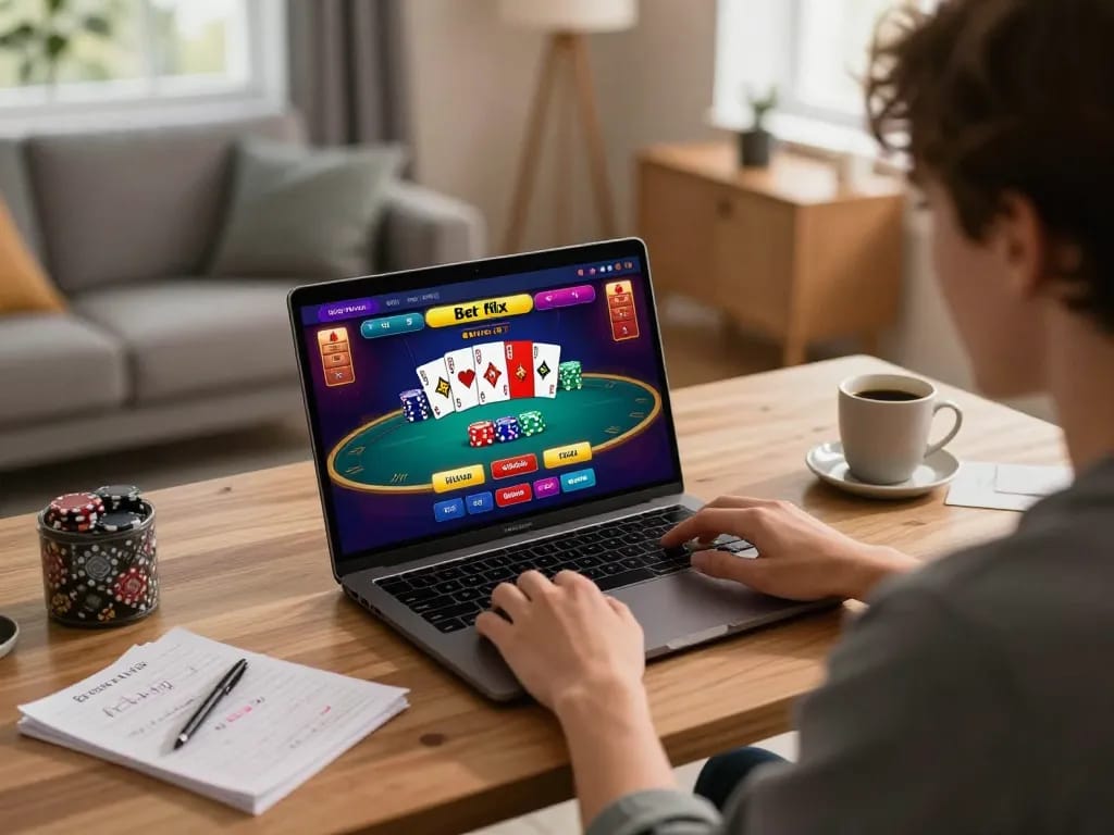 Engaging with betflix online poker game, showcasing strategic gameplay at home desk.