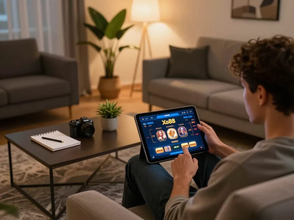 Engaging in online gaming with Xo88 platform using a tablet in a cozy home setting.