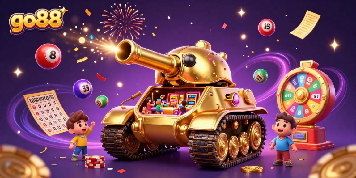Experience the excitement of go88 with a dynamic casino-themed illustration featuring a golden beetle tank and vibrant gaming elements.