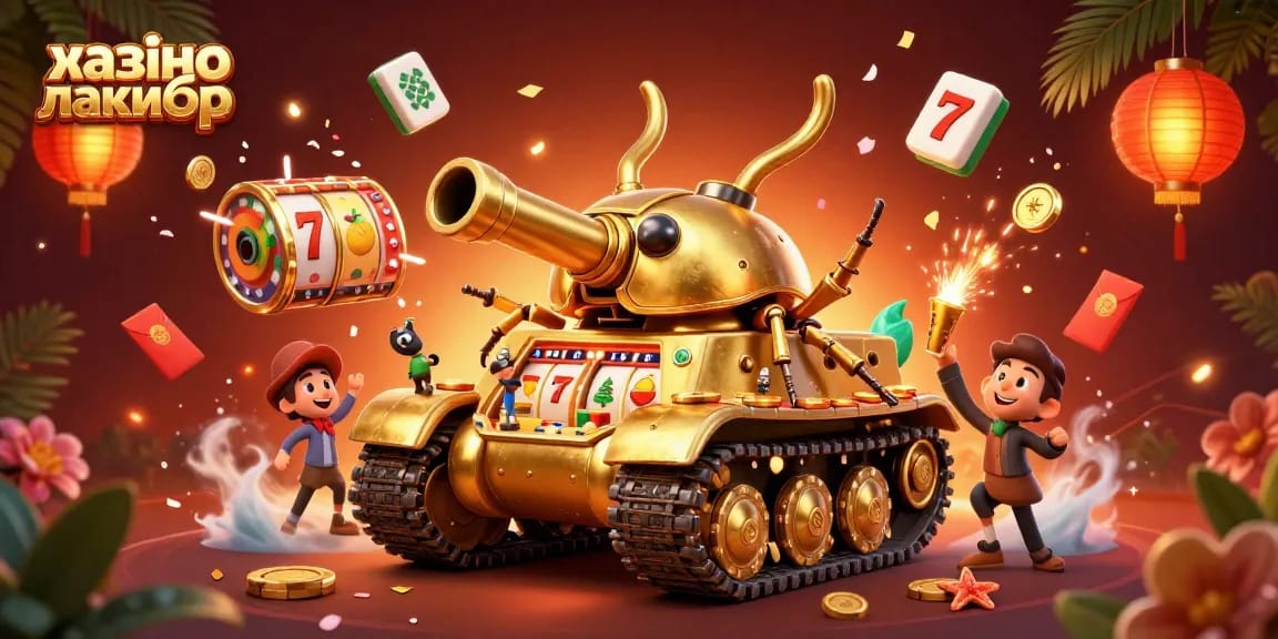 Experience the excitement of казино лакибир with a dynamic 3D casino illustration featuring slot reels and a golden beetle tank.