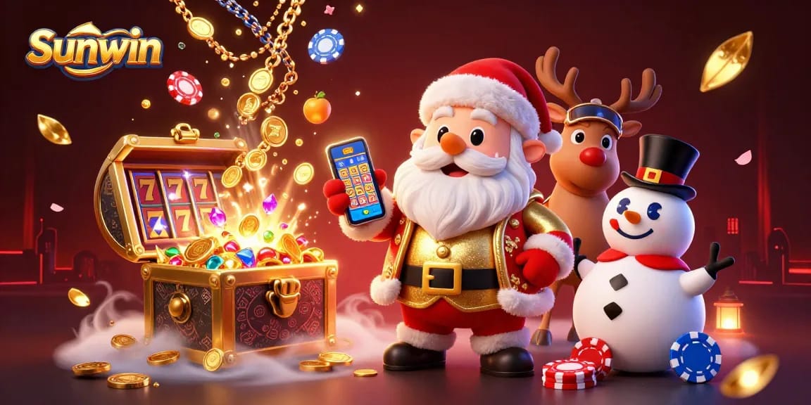 Sunwin jackpot play with Santa, reindeer, and snowman in a vibrant casino scene.