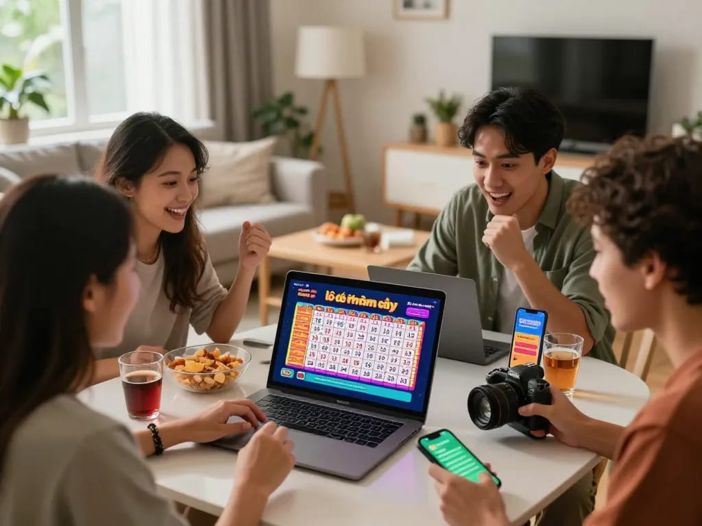 Engaging friends excited about lô đề hôm nay lottery numbers, gathered around a laptop in a cozy living room.