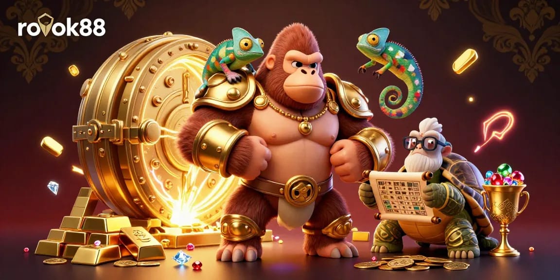 Experience thrilling gameplay with the rokok88 brand, featuring immersive casino elements like gold bars and gems.