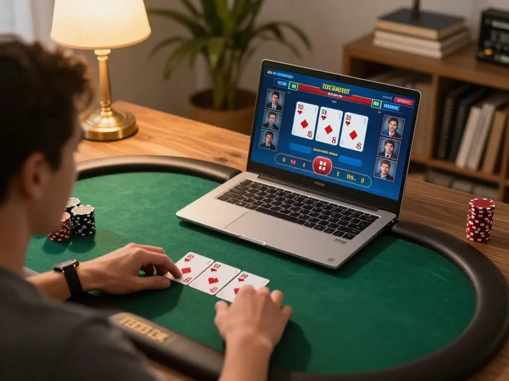 Engaged player exploring 888bgo online poker options at home, showcasing strategy and gameplay.
