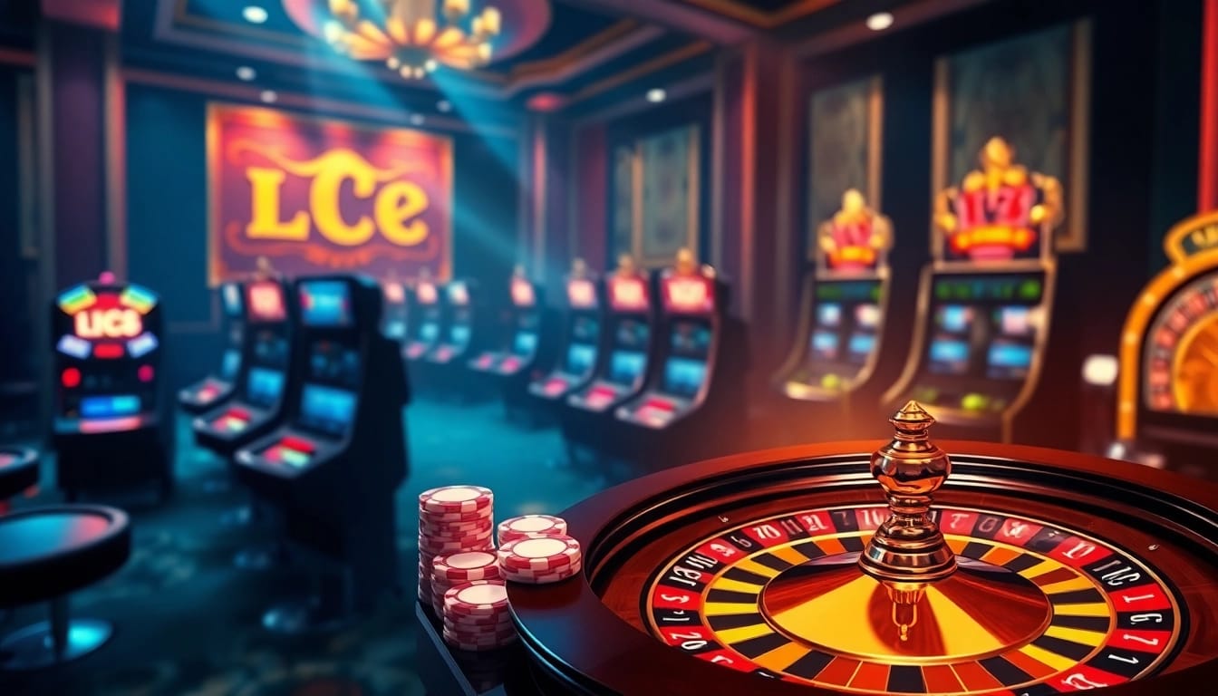 LC88 online casino gaming interface featuring roulette, poker chips, and slot machines.
