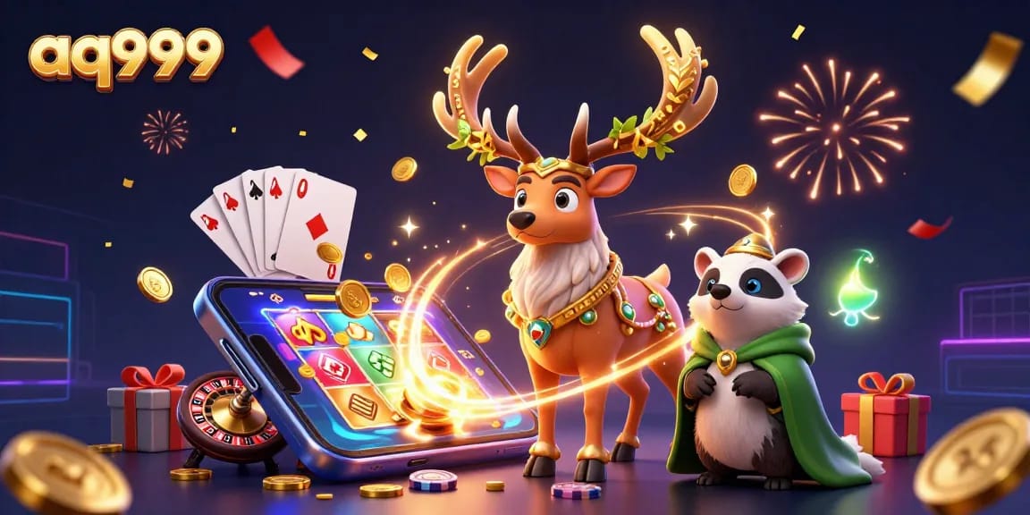 A vibrant scene showcasing aq999 characters celebrating gaming, surrounded by casino elements like slots and poker chips.