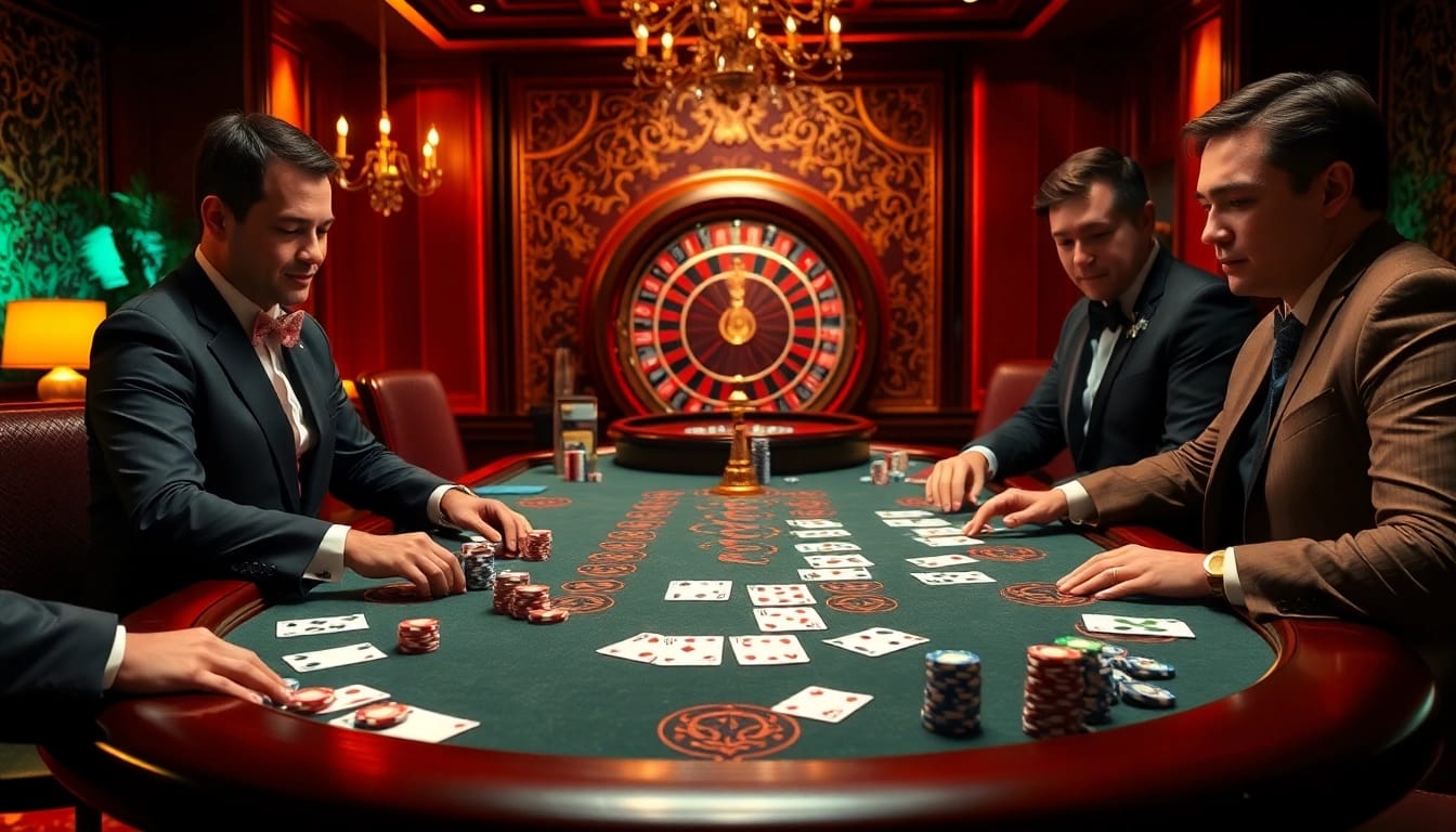 Engaging scene of players at a high-stakes poker table illustrating sv388 đăng nhập, showcasing chips and cards.