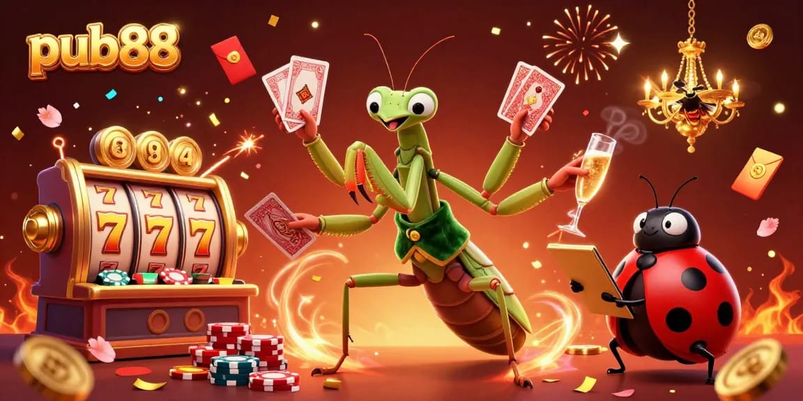Experience thrilling gaming action at pub88 with a colorful, dynamic casino scene featuring engaging characters and festive elements.