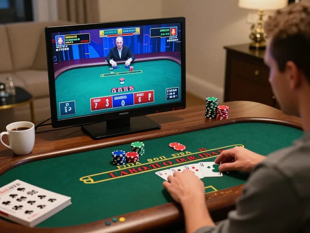 Good88 player engaging in a dynamic live dealer blackjack game on a laptop with essential strategy materials