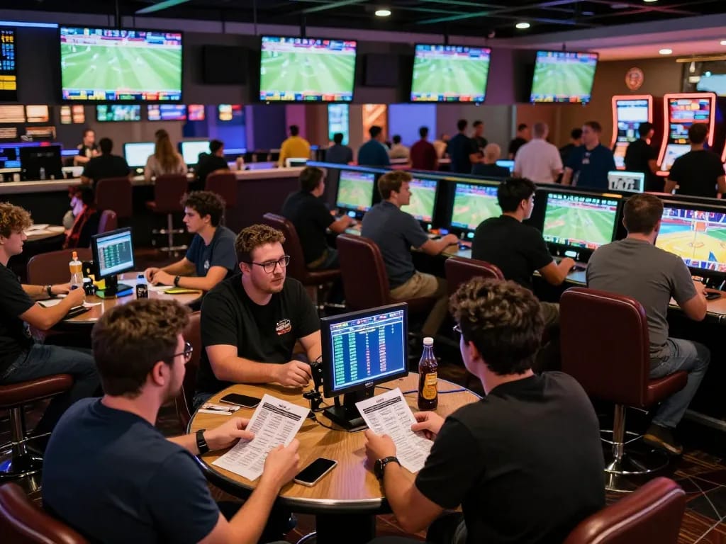 Excited bettors engaging in DA88 sports betting at a lively casino lounge with multiple screens.