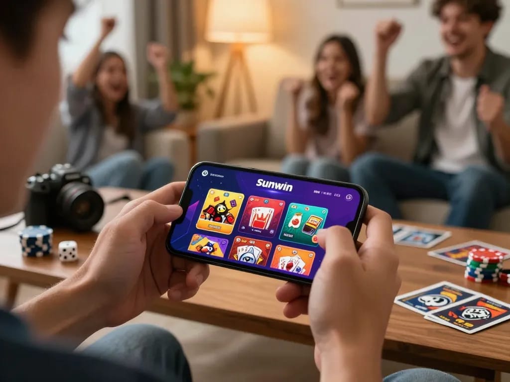 Experience the excitement of tải sunwin on your smartphone in a vibrant living room setting.
