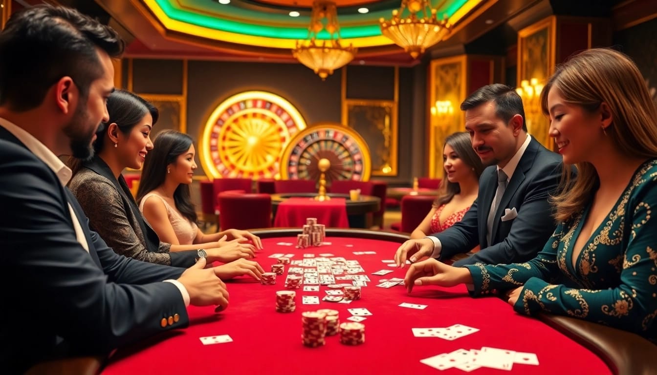 Experience the excitement of Dominoqiu with players enjoying a thrilling game at a luxury casino table.