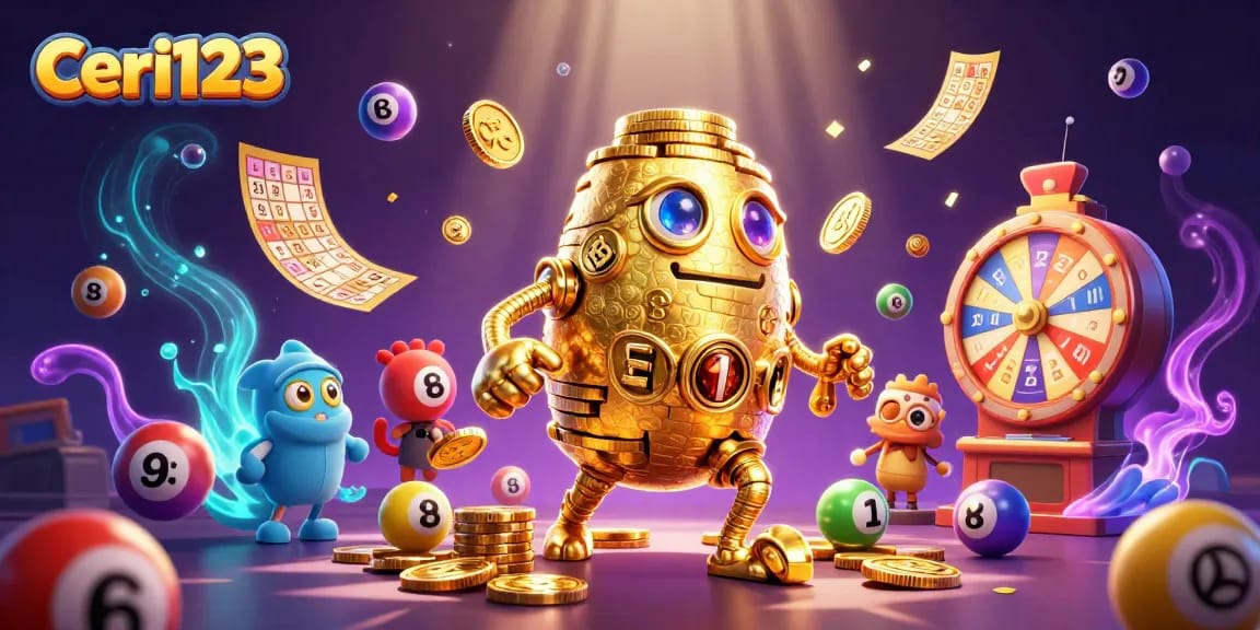 Ceri123 offers exciting slot online games with dynamic features showcasing vibrant lottery balls and a golden golem.