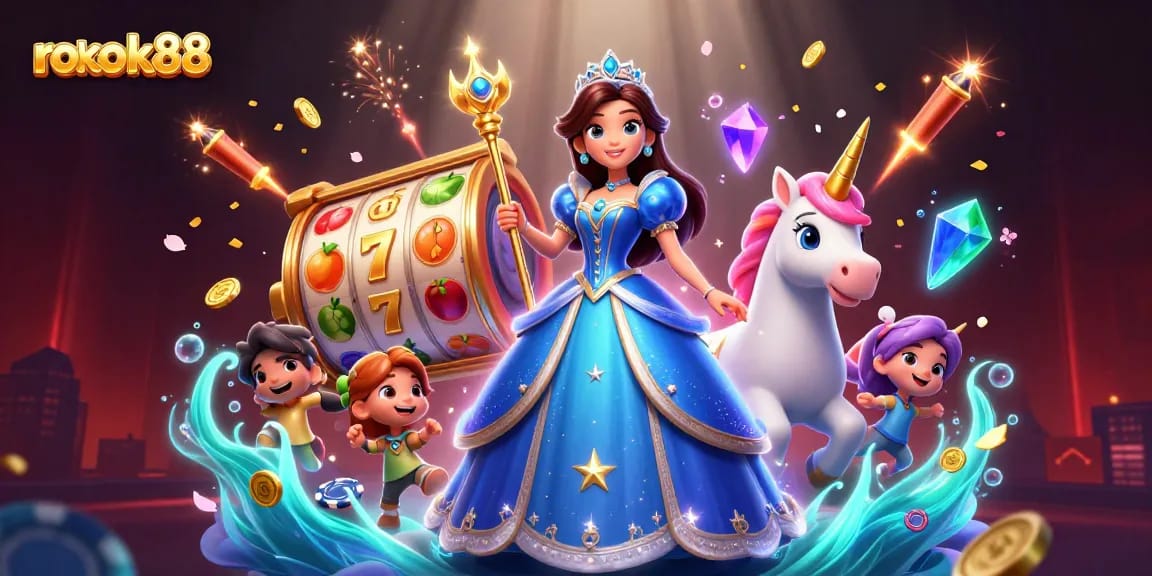Experience the thrill of rokok88 with a vibrant casino scene featuring dynamic slot reels and enchanting characters.